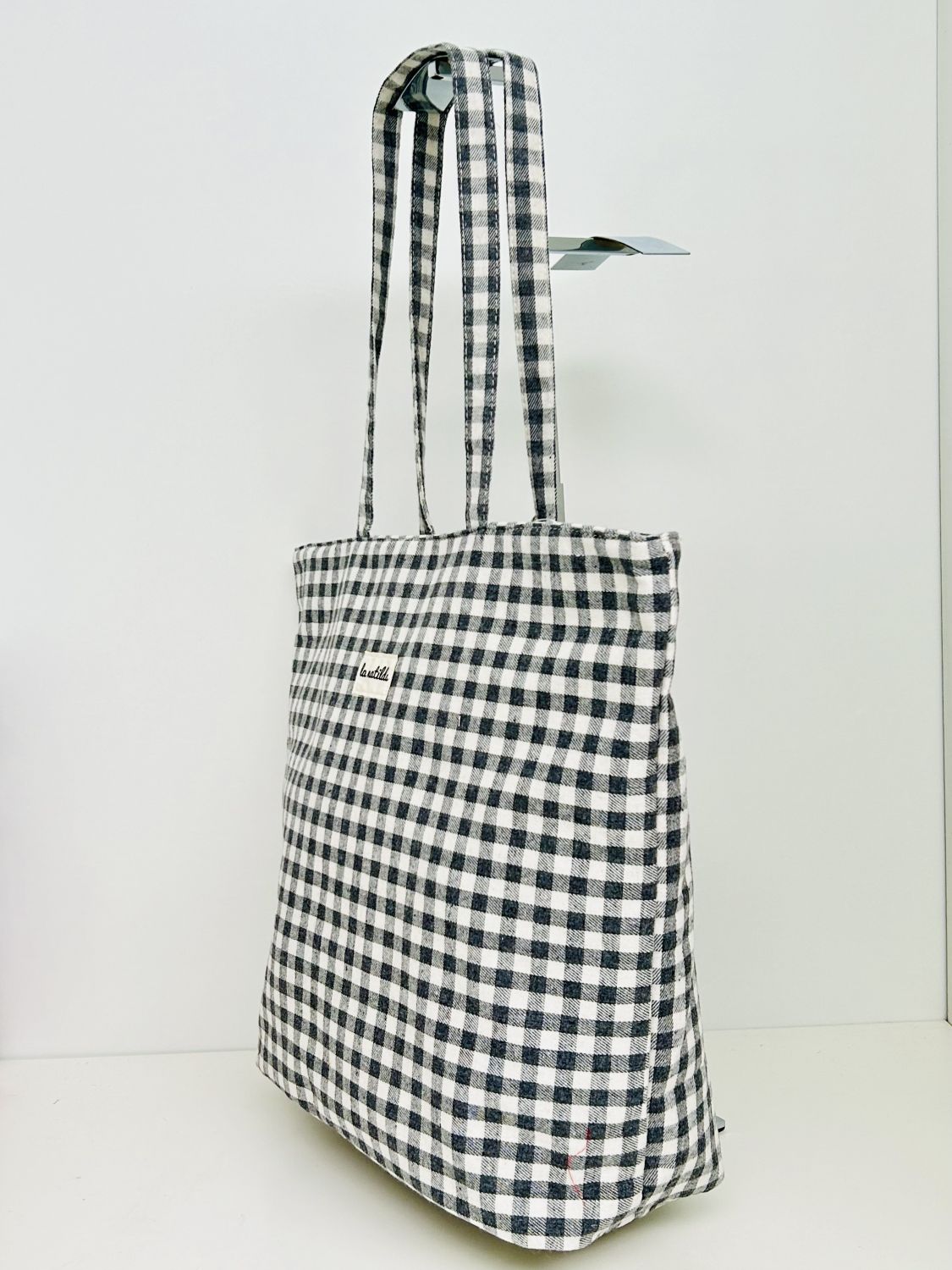 Bolsa Tote Bag Grande Gingham Gris