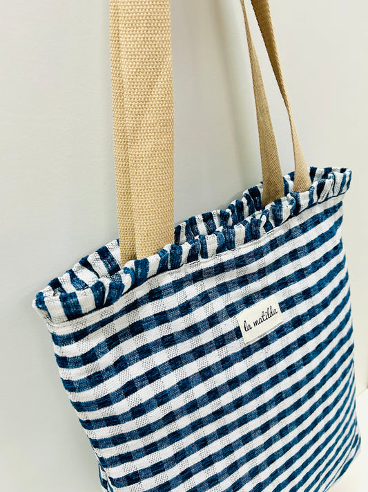 Bolsa Tote Bag Volantes Gingham Azul Marino