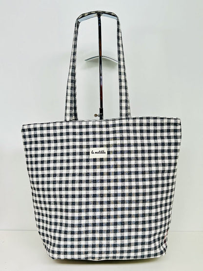 Bolsa Tote Bag Grande Gingham Gris