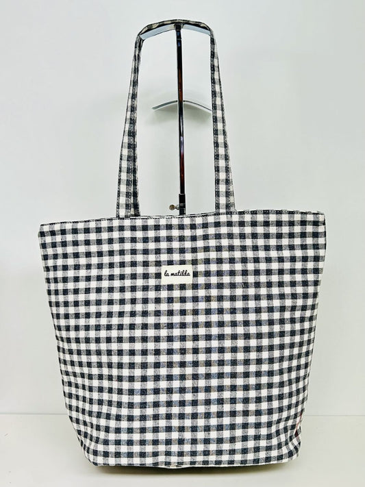 Bolsa Tote Bag Grande Gingham Gris