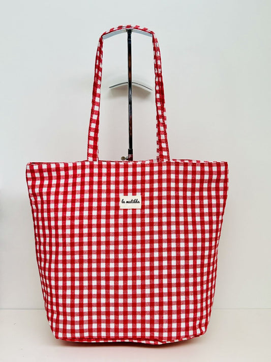 Bolsa Tote Bag Grande Gingham Rojo