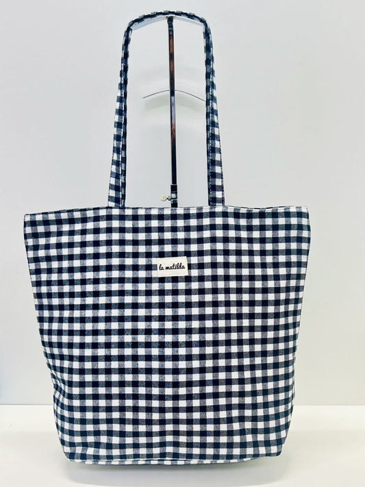 Bolsa Tote Bag Grande Gingham Azul