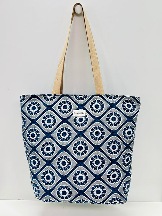 Bolsa Tote Bag Grande Flor Azul Marino