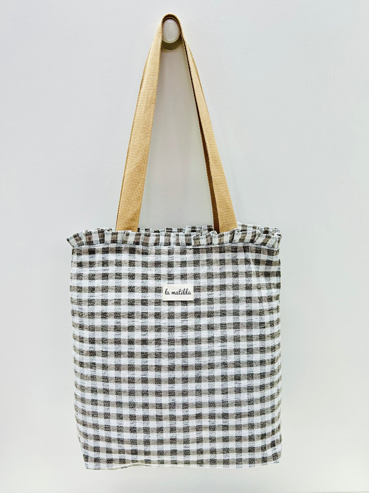 Bolsa Tote Bag Volantes Gingham Gris