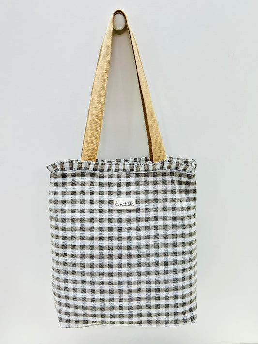 Bolsa Tote Bag Volantes Gingham Gris