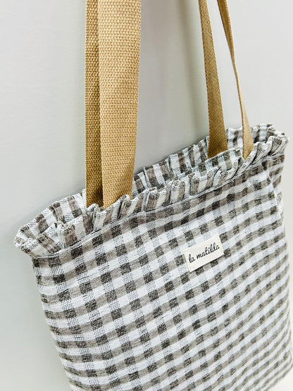 Bolsa Tote Bag Volantes Gingham Gris