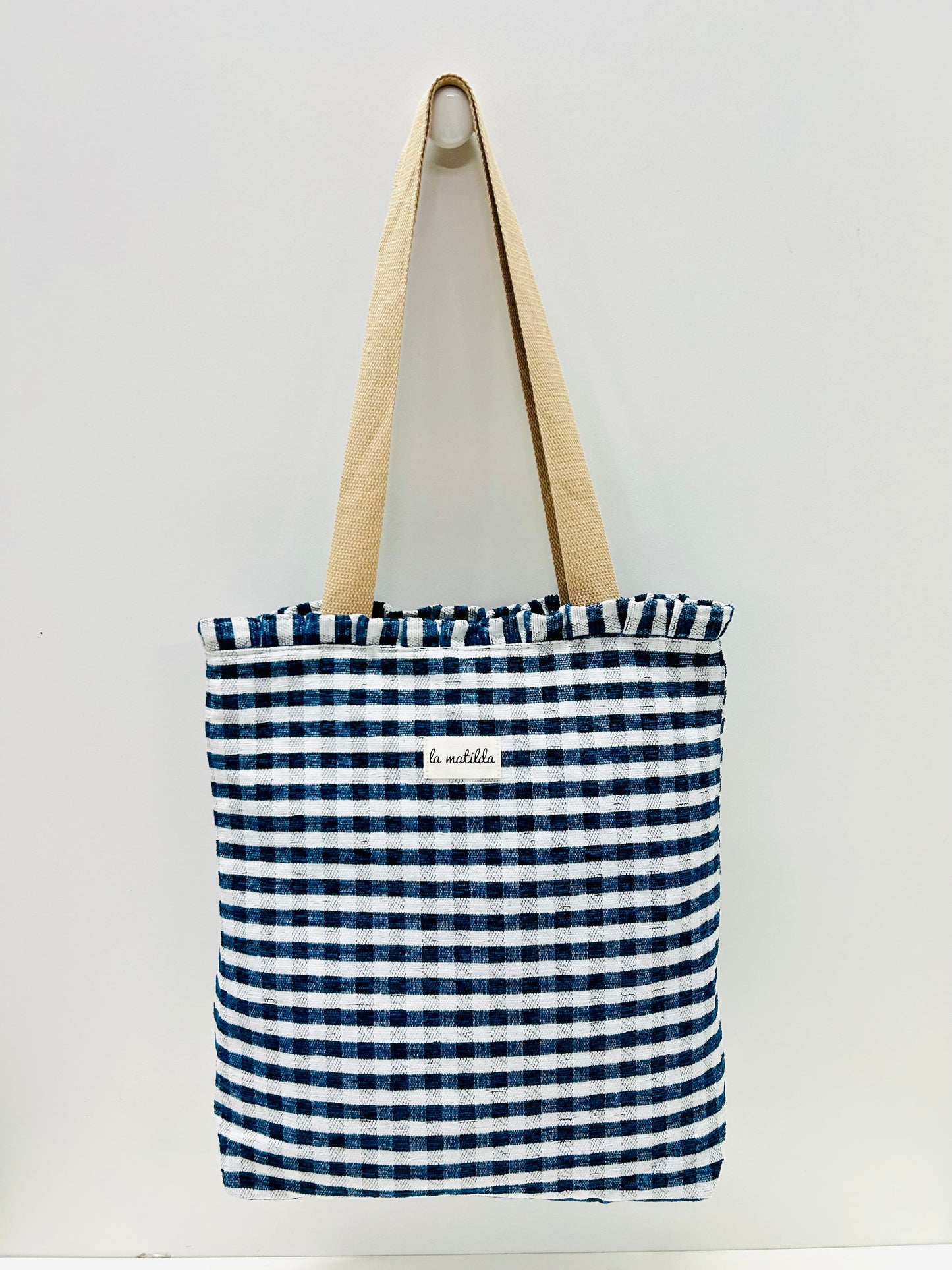 Bolsa Tote Bag Volantes Gingham Azul Marino