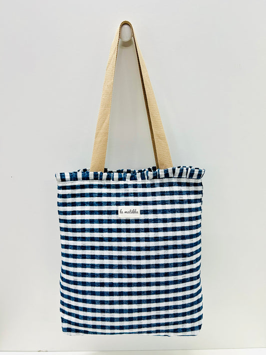 Bolsa Tote Bag Volantes Gingham Azul Marino
