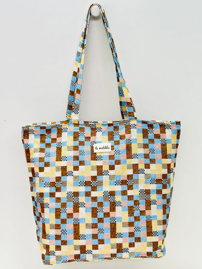 Bolsa Tote Bag Grande Cuadros Tostado