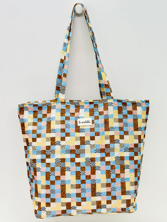 Bolsa Tote Bag Grande Cuadros Tostado