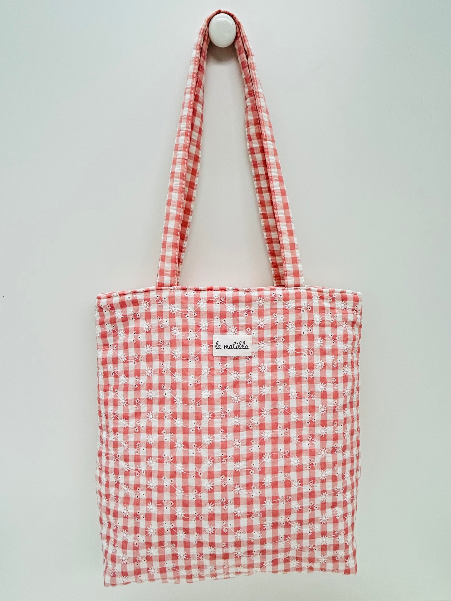 Bolsa Tote Bag Gingham Rosa Bordada