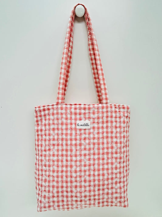 Bolsa Tote Bag Gingham Rosa Bordada